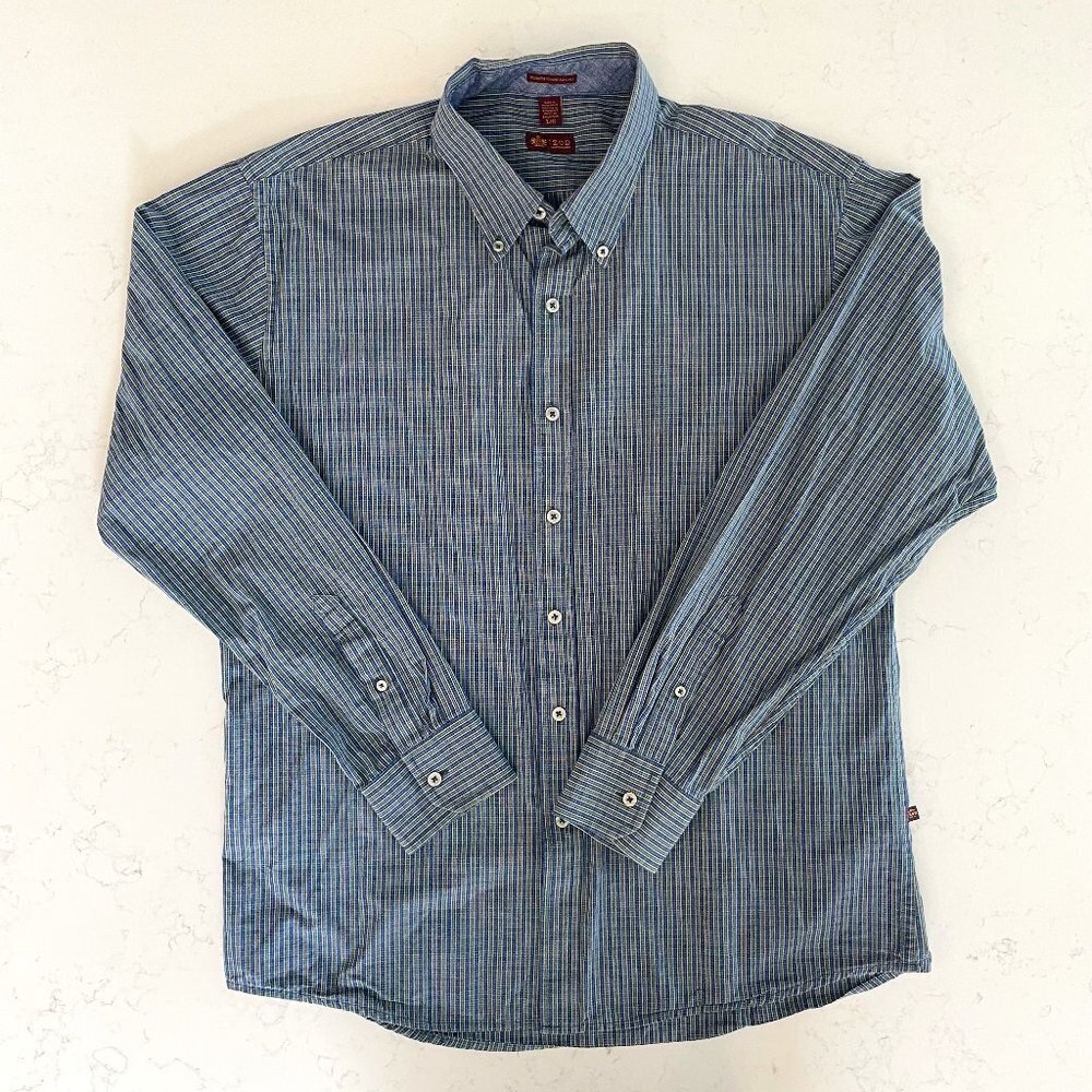 Izod Slim Fit Casual Button Down Lg Slv Check Cotton Shirt Navy + Green Sz L
